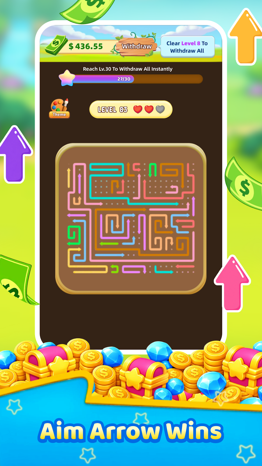 Detaliu al unui puzzle cu trasee și săgeți multicolore